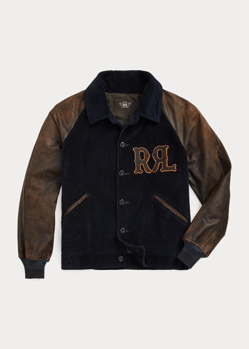 RRL ジャケット メンズ 黒 Appliqued Corduroy レザー-袖 LDAJE7410